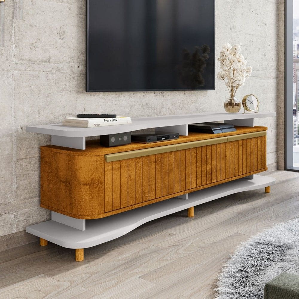 Rack para TV Até 75 Polegadas Océane 3 Portas Off White/Naturallle Fresado - Pnr Móveis