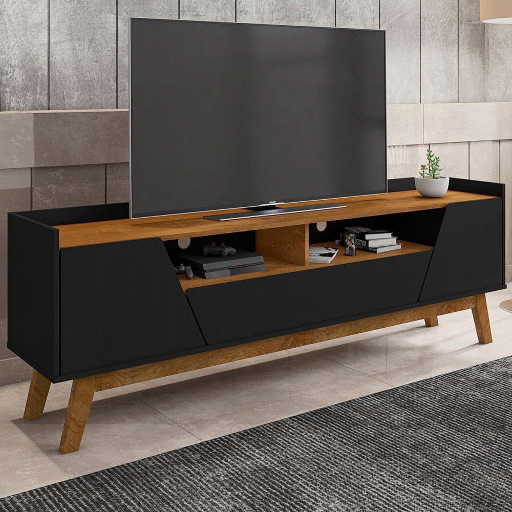Rack para TV Até 70 Polegadas Evans 2 Portas 1 Gaveta Preto Fosco/Natural - Pnr Móveis