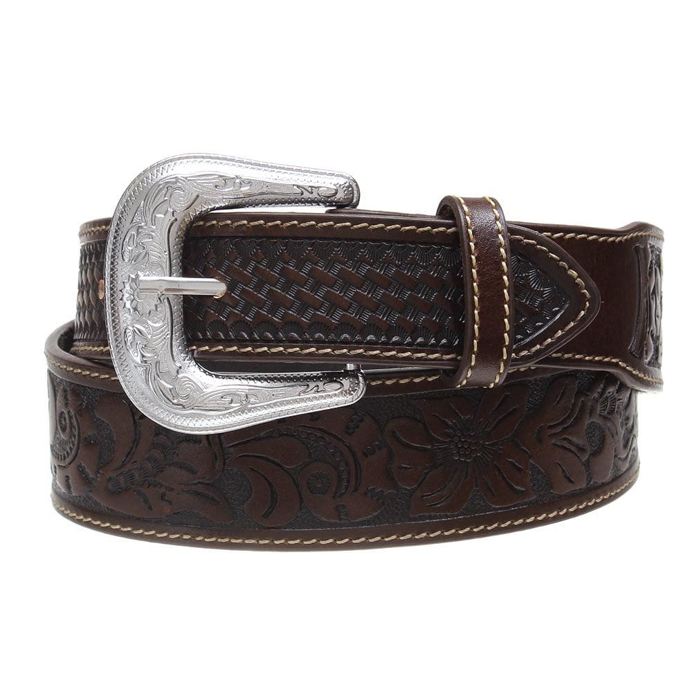 Cinto de Couro Café com Bordado Floral Cow Way 32289