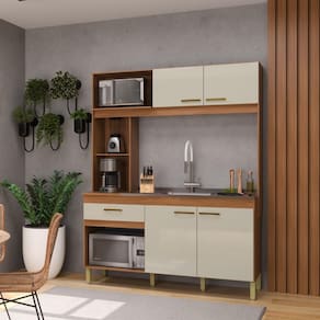 Armário De Cozinha Compacta Fidelitá Xangai 160cm 4 Portas 1 Gaveta Sem Tampo e Fundo Freijó/Off-White