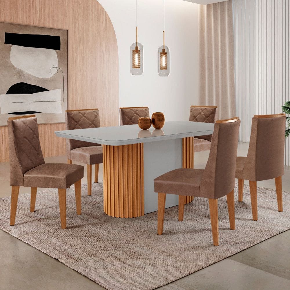 Mesa de Jantar Aspen 180cm Tampo MDF Vidro com 6 Cadeiras Isadora Moderna Mobília