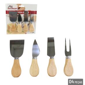 Conjunto Para Queijos e Frios Inox Madeira 4 Pçs - Tudo em Caixa