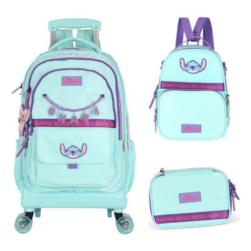 Kit Mochila Rodinhas 360 Haste Dupla Porta Notebook Stitch
