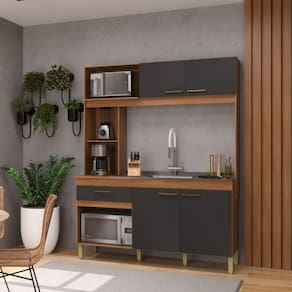 Armário De Cozinha Compacta Fidelitá Xangai 160cm 4 Portas 1 Gaveta Sem Tampo e Fundo Freijó/Preto