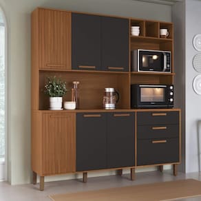 Armário De Cozinha Compacta Fidelitá Barcelona 180cm 7 Portas 2 Gaveta Com Tampo e Fundo Freijó/Preto