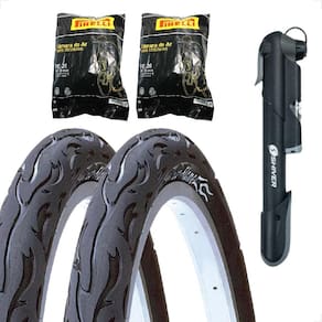 PAR Pneu Bicicleta Kenda Flame Balão Aro 26 x 2.125 Liso Fogo + PAR Camara Pirelli + Bombinha de ar