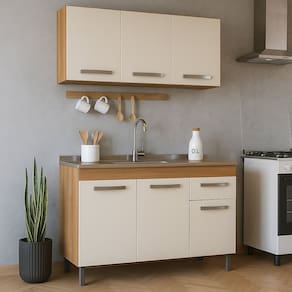 Kit Balcão de Pia e Armário Aéreo 1,20m Cozinha Freijó Off-White