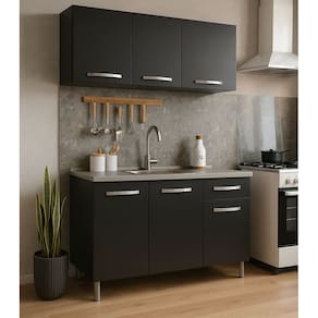 Kit Balcão de Pia e Armário Aéreo 1,20m Cozinha Preto