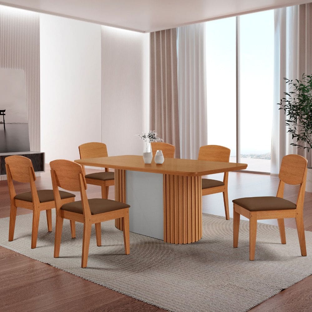 Mesa de Jantar Aspen 180cm Tampo MDF Laminado com 6 Cadeiras Copper Moderna Mobília