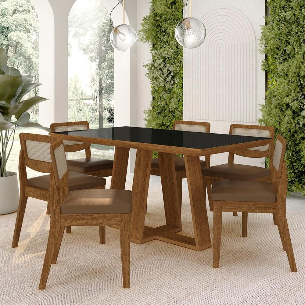 Mesa Sion 1,60 Com 6 Cadeiras Sextavada Freijó/pto/cori Caramelo - M.a