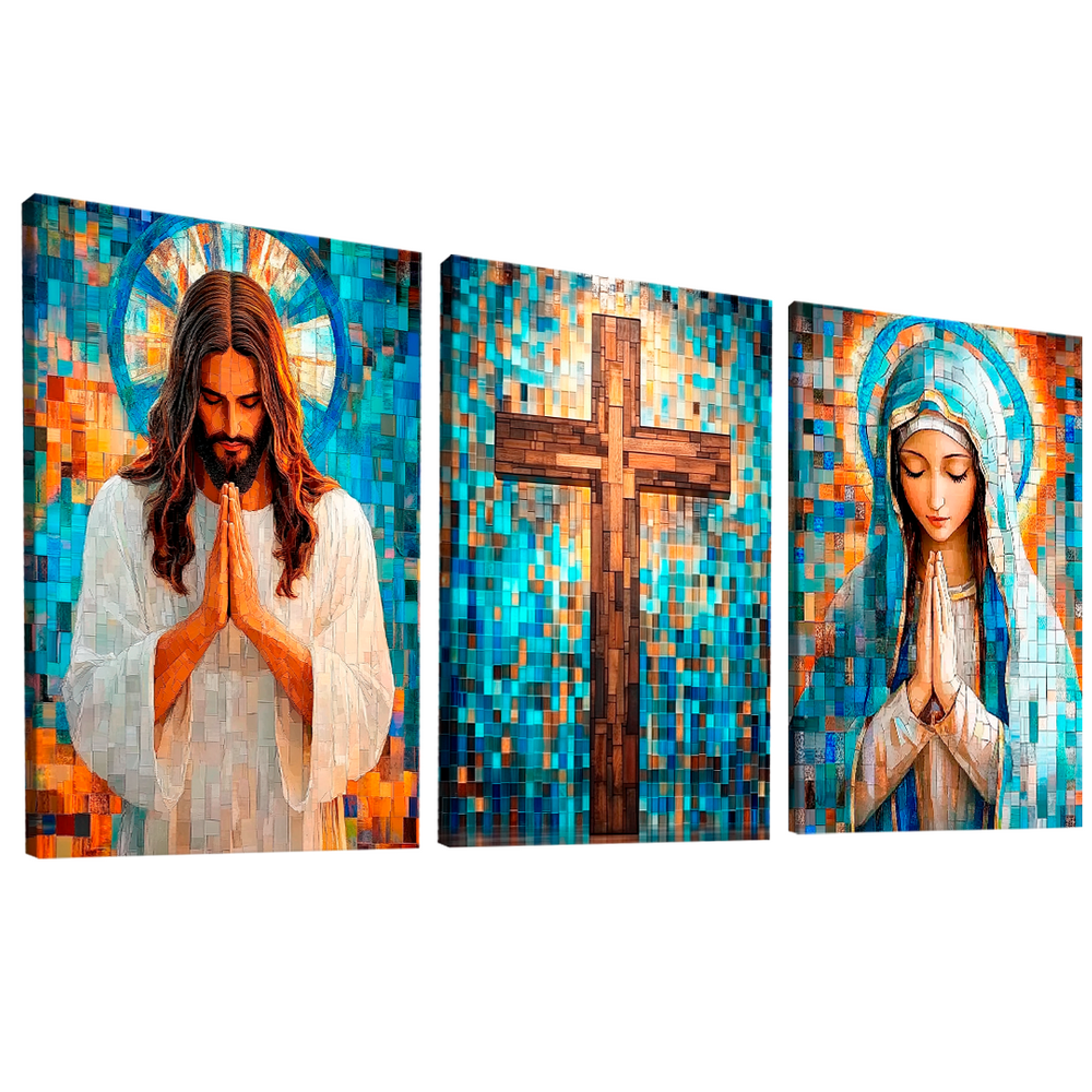 Quadro Decorativo Jesus e Maria em Grid Art