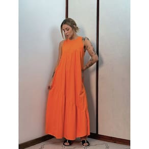 Vestido Longo Feminino malha algodão Aveloz Laranja
