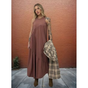 Vestido Longo Feminino Soltinho malha algodão Aveloz Marrom