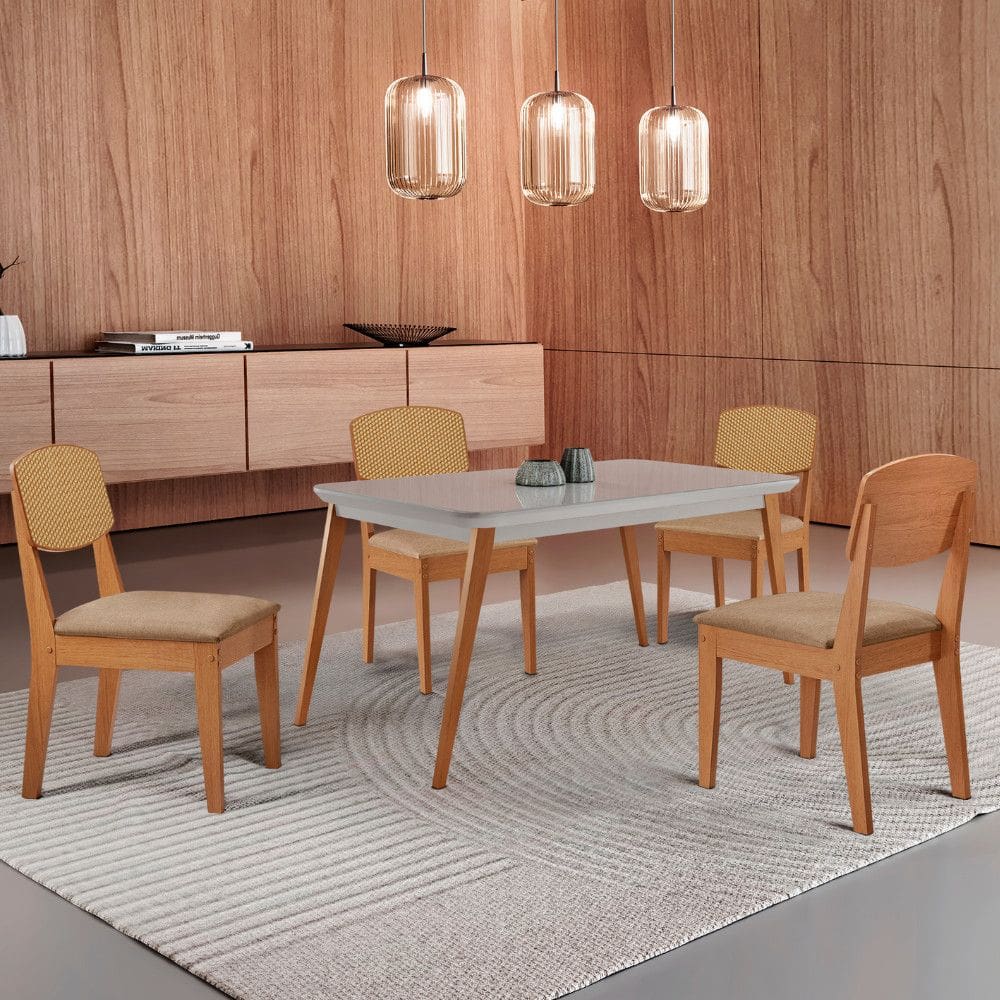 Mesa de Jantar Copper 120cm Tampo Canto Copo MDF Vidro com 4 Cadeiras Copper Premium Moderna Mobília
