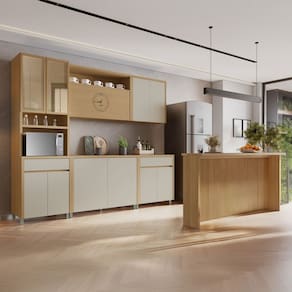 Cozinha Completa Condessa 11 Portas 2 Gavetas com Ilha Gourmet e Relógio 100% Mdf Carvalho/Greige - Nesher