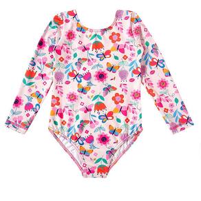 Maiô Manga Longa Infantil Proteção UV 50+ Flores Rosa Claro Tip Top