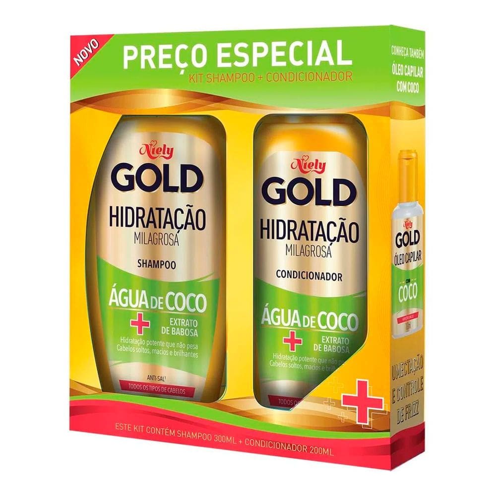 Kit Shampoo Niely Gold Hidratação Milagrosa Óleo de Coco 275ml + Condicionador 175ml