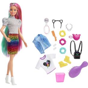 Barbie Doll Leopard Rainbow Hair com destaques que mudam de cor