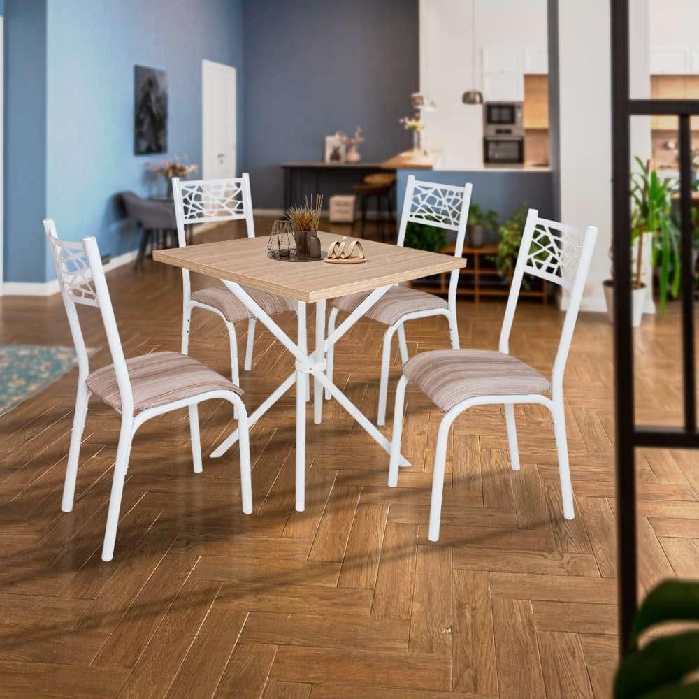 Mesa Tubular Com 4 Cadeiras Em Aço Branco Carvalho Com Estofado Capuccino Harri