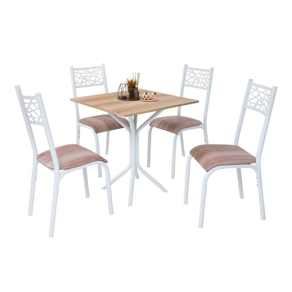 Mesa De Aço Com 4 Cadeiras Em Aço Branco Carvalho Com Estofado Capuccino Zeha