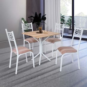 Mesa De Jantar Quadrada Com 4 Cadeiras Em Aço Branco Carvalho Com Estofado Capuccino Bollua