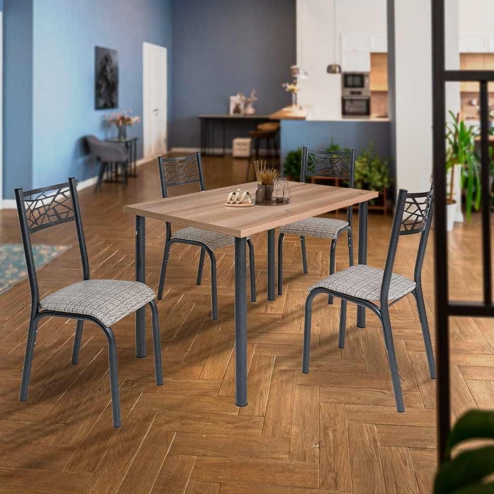 Mesa Tubular Com 4 Cadeiras Em Aço Preto Carvalho Com Estofado Manteiga Noval