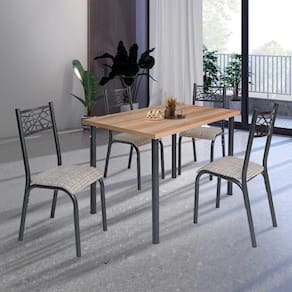 Conjunto De Mesa Sala De Jantar Com 4 Cadeiras Em Aço Preto Carvalho Com Estofado Manteiga Tizo