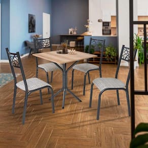 Mesa Tubular Com 4 Cadeiras Em Aço Preto Carvalho Com Estofado Manteiga Kone
