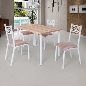 Mesa Retangular Com 4 Cadeiras Em Aço Branco Carvalho Com Estofado Capuccino Jade Ciplafe