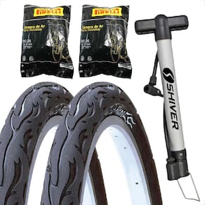 PAR Pneu Bicicleta Kenda Flame Balão Aro 26 x 2.125 Liso Fogo + PAR Camara Pirelli + Bombinha manual