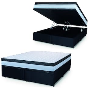 Cama Box Baú Casal Queen Colchão Com Molas Ensacadas 158x198x63cm Dunas Branco/Preto Hellen