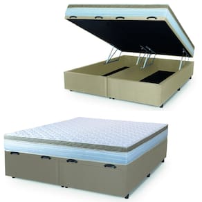 Cama Box Baú Casal King Colchão Com Molas Ensacadas 193x203x63cm Dunas Branco/Bege Hellen