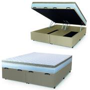 Cama Box Baú Casal Queen Colchão Com Molas Ensacadas 158x198x63cm Dunas Branco/Bege Hellen