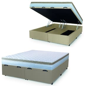 Cama Box Baú Casal Queen Colchão Com Molas Ensacadas 158x198x63cm Dunas Branco/Bege Hellen