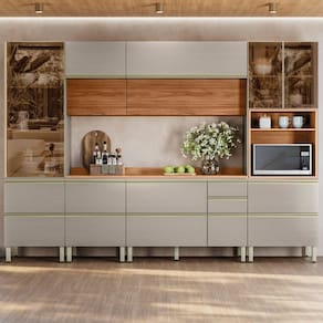 Cozinha Completa 310cm X 218,5cm Aéreo Mdf Pnl e Crt 6 Peças Proença Nogueira/Nude Prime