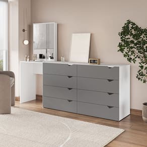 Cômoda Penteadeira 8 Gavetas com Espelho Porto Cinza/Branco