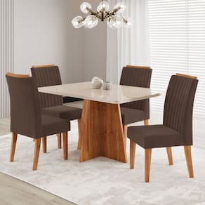 Conjunto Sala de Jantar 120x77,8cm Tampo com Vidro e 4 Cadeiras Tannat Mel/Off White/Bombom