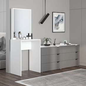 Cômoda Penteadeira 6 Gavetas com Espelho Porto Cinza/Branco
