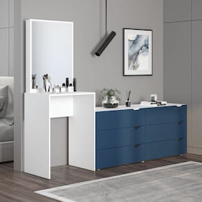 Cômoda Penteadeira 6 Gavetas com Espelho Porto Azul/Branco