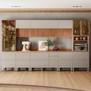 Cozinha Completa 370cm X 218,5cm Aéreo Mdf Tq e Crt 8 Peças Proença Nogueira/Nude Prime