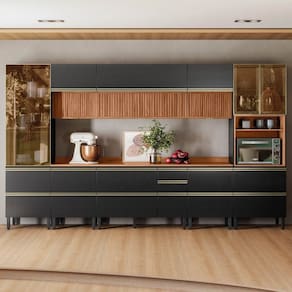 Cozinha Completa 370cm X 218,5cm Aéreo Mdf Tq e Crt 8 Peças Proença Nogueira/Carbono Prime