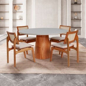 Conjunto Mesa com 4 Cadeiras de Madeira Maciça Rattan Natural e Estofada Daren Espresso Móveis Imbuia/Off White