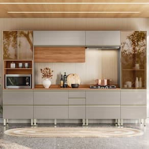 Cozinha Completa 330cm X 218,5cm Aéreo Mdf Pnl e Crt 6 Peças Proença Nogueira/Nude Prime
