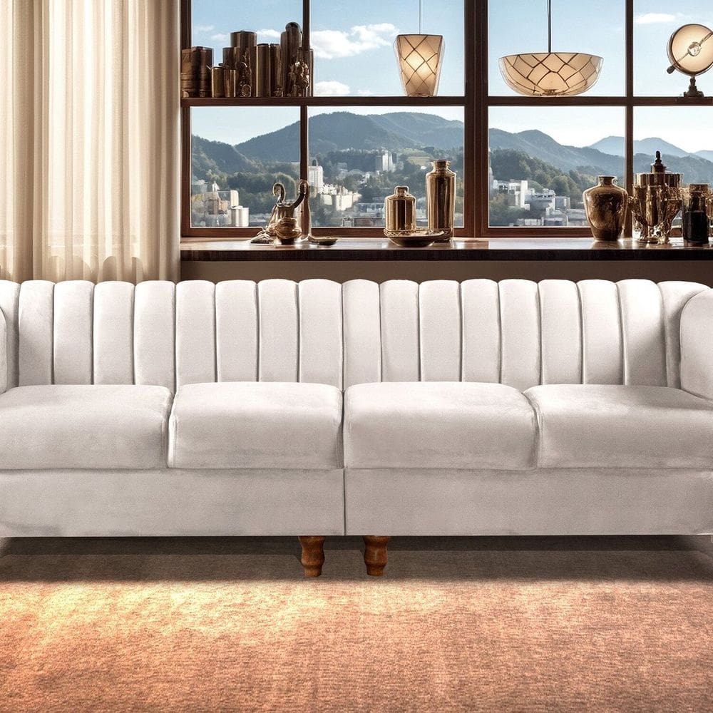 Sofá 4 Lugares Decoração Retrô Clássico Realeza Chesterfield Bege
