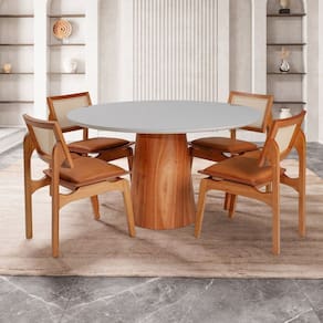Conjunto Mesa com 4 Cadeiras de Madeira Maciça Rattan Natural e Estofada Daren Espresso Móveis Imbuia/Off White
