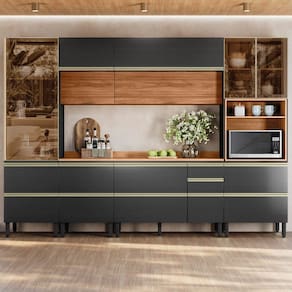 Cozinha Completa 310cm X 218,5cm Aéreo Mdf Pnl e Crt 6 Peças Proença Nogueira/Carbono Prime