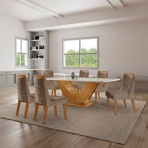 Conjunto Sala de Jantar Mesa com Tampo de Vidro 6 Cadeiras Atena Castanho Cinamomo/Pena Caramelo/Off White