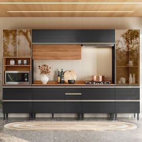 Cozinha Completa 330cm X 218,5cm Aéreo Mdf Pnl e Crt 6 Peças Proença Nogueira/Carbono Prime
