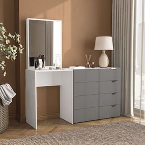 Cômoda Penteadeira 4 Gavetas com Espelho Porto Cinza/Branco