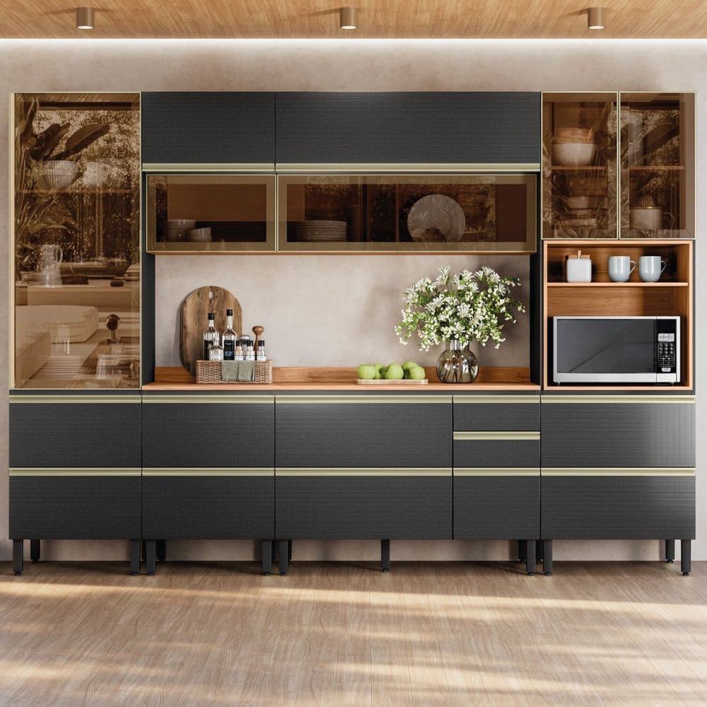 Cozinha Completa 310cm X 218,5cm Aéreo Rft Pnl e Crt 6 Peças Proença Nogueira/Carbono Prime